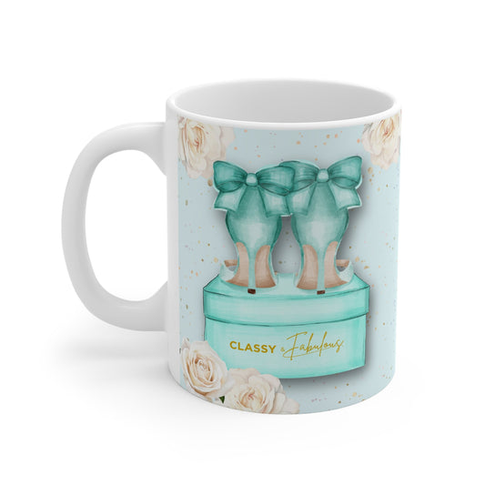 Tiffany Blue High Heels Mug with decorative design of bows and roses on a light blue background