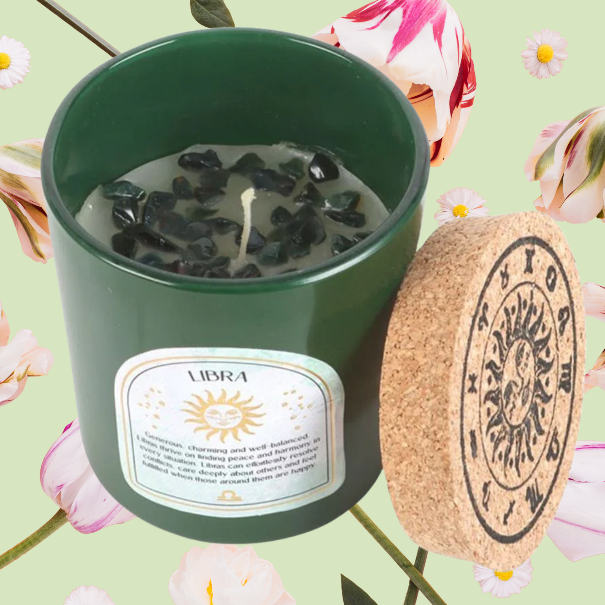 Candle in a green container with a cork lid featuring Libra zodiac sign on a floral background