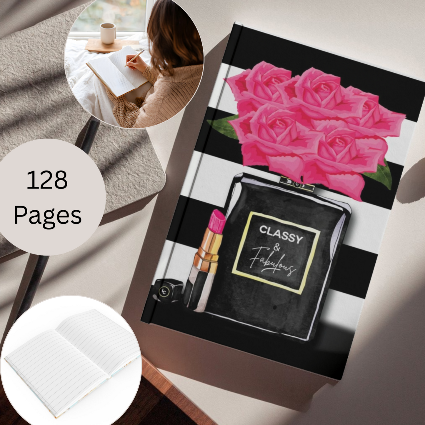Notebook with pink roses and lipstick illustration on a checkered surface, with a woman reading a book in the background.