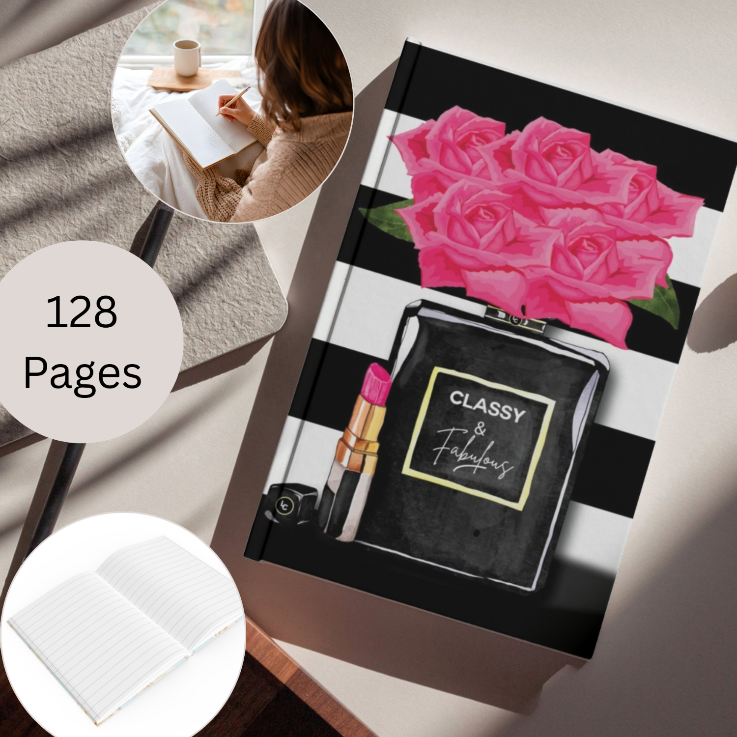 Notebook with pink roses and lipstick illustration on a checkered surface, with a woman reading a book in the background.