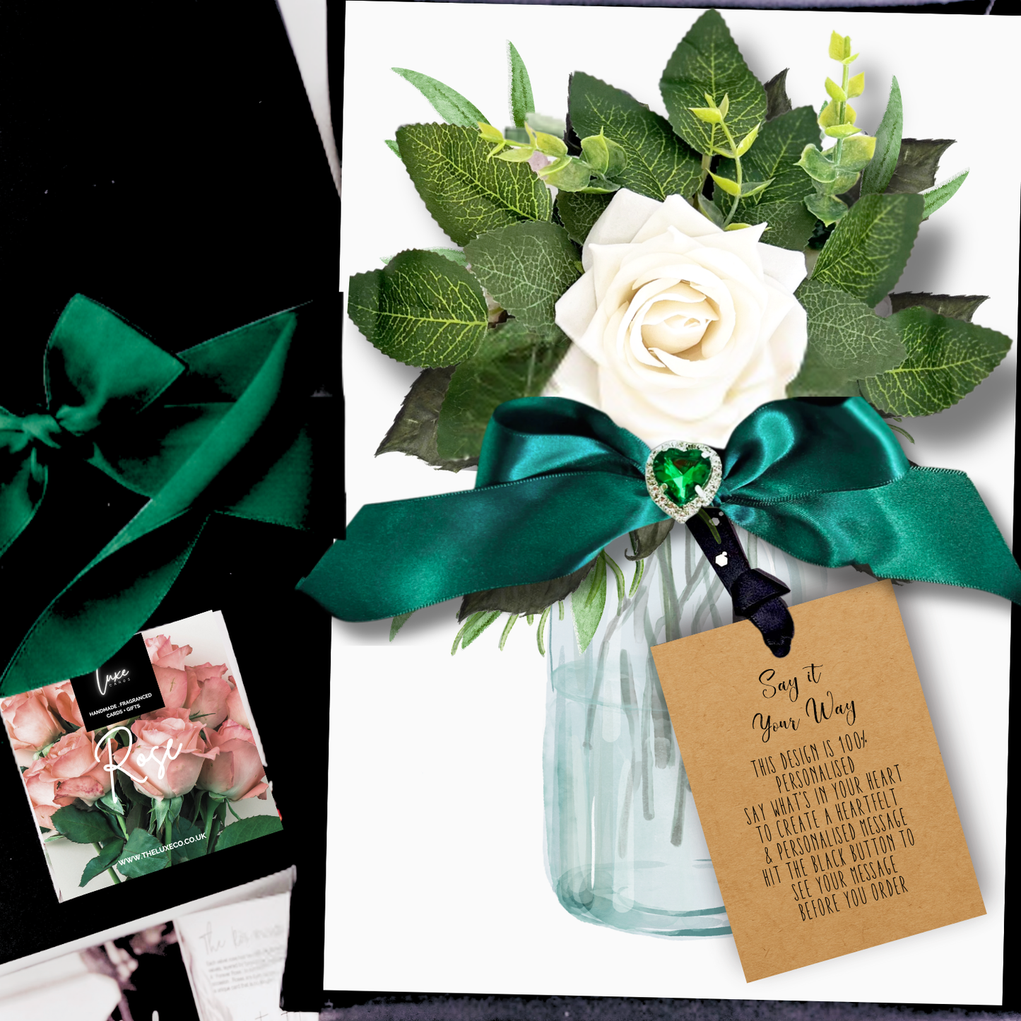 Luxury 55th Anniversary card with emerald crystal heart on scented bouquet