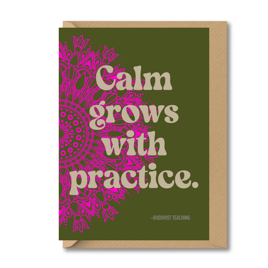 mindfulness greeting card calm grows with practice meditation quote with pink mandala design