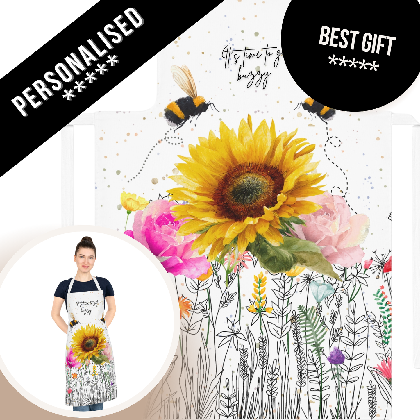 Personalised Momma Bloom Wildflower Bees Apron