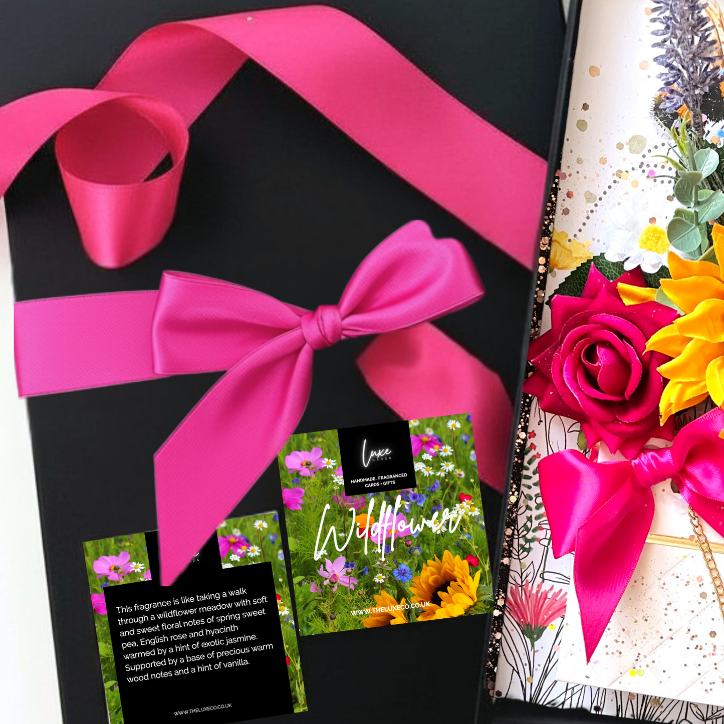 Luxury Wildflower gift boxed handmade greetings cards tied with big silky satin bows made to be like a gift when opening.