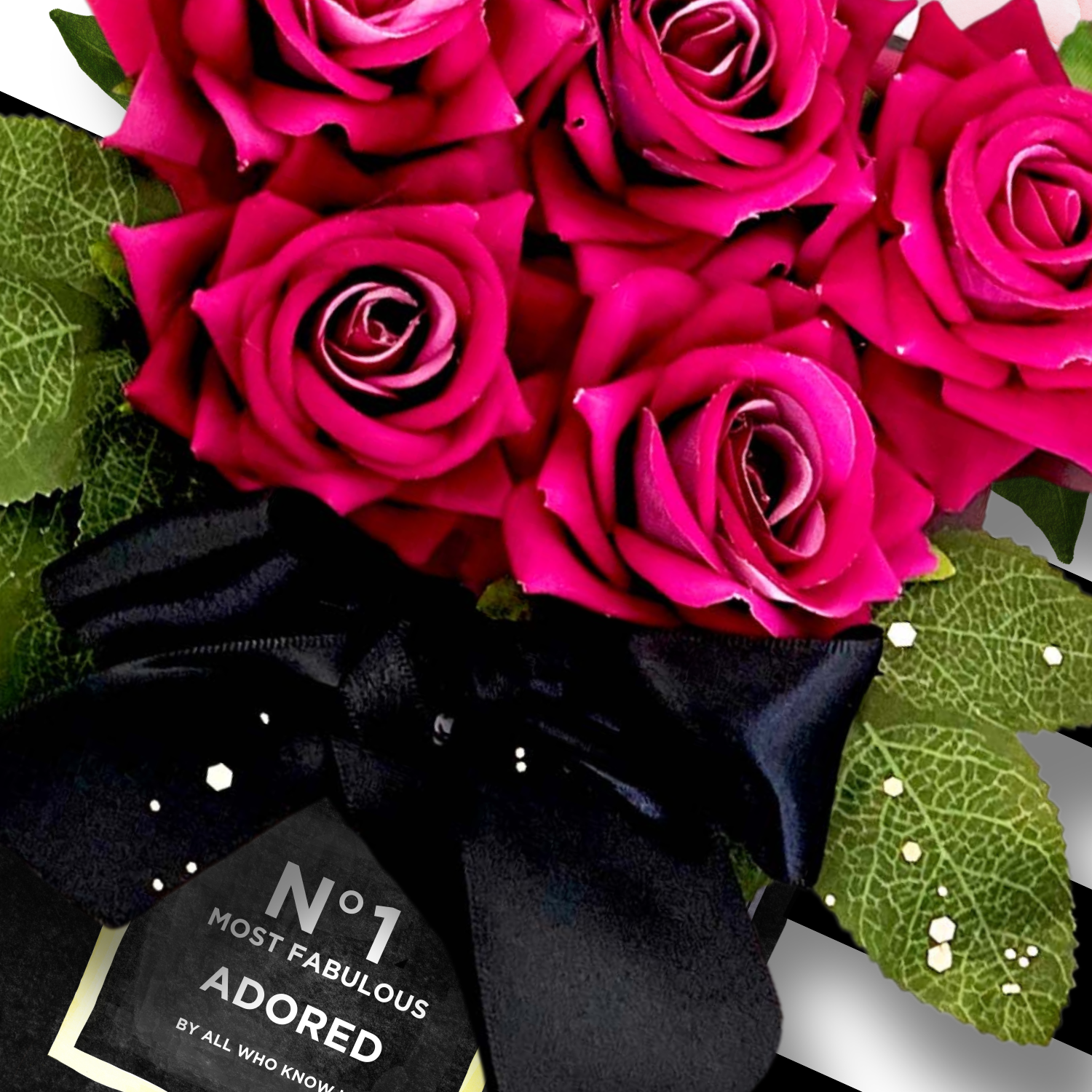 Handmade Bouquet of cerise pink roses with a black bow on painted card and in gift box, featuring a personalised tag. A luxury handmade greetings card perfect for birthday, valentines, mothers day...