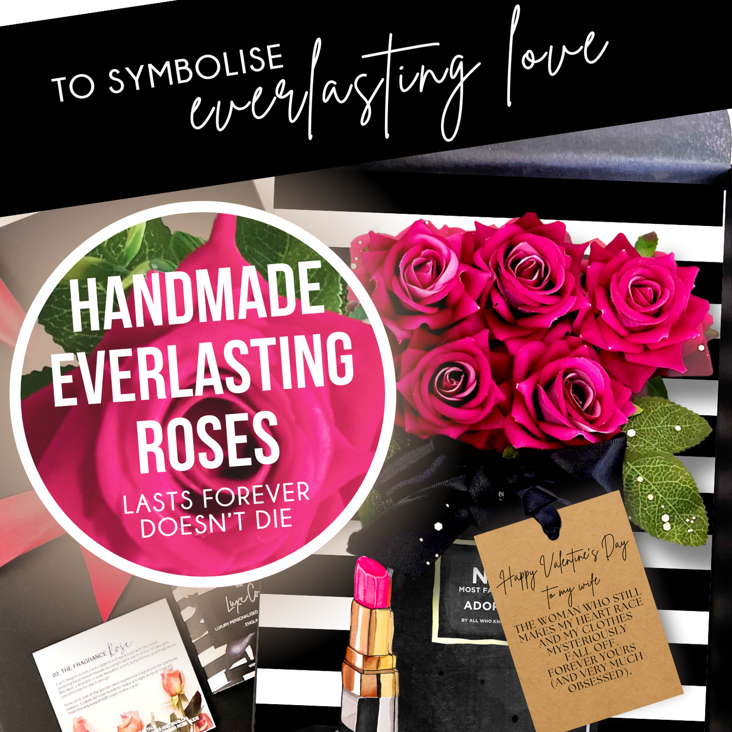Luxury Rose Gift boxed Card featuring a Bouquet of handmade hot pink roses with  lipstick and black and white striped card, featuring personalised wording. A luxury card symbolising everlasting love.
