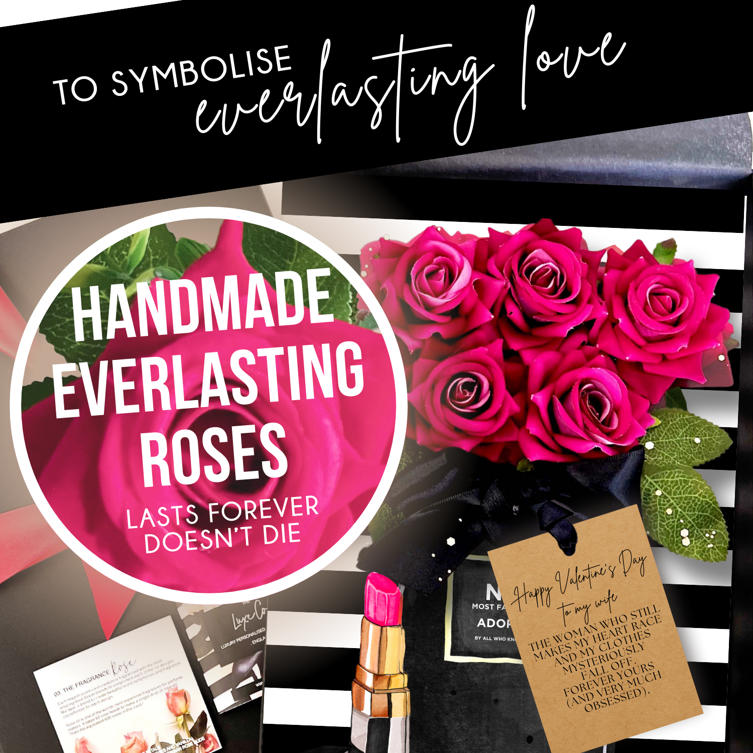 Luxury Rose Gift boxed Card featuring a Bouquet of handmade hot pink roses with  lipstick and black and white striped card, featuring personalised wording. A luxury card symbolising everlasting love.