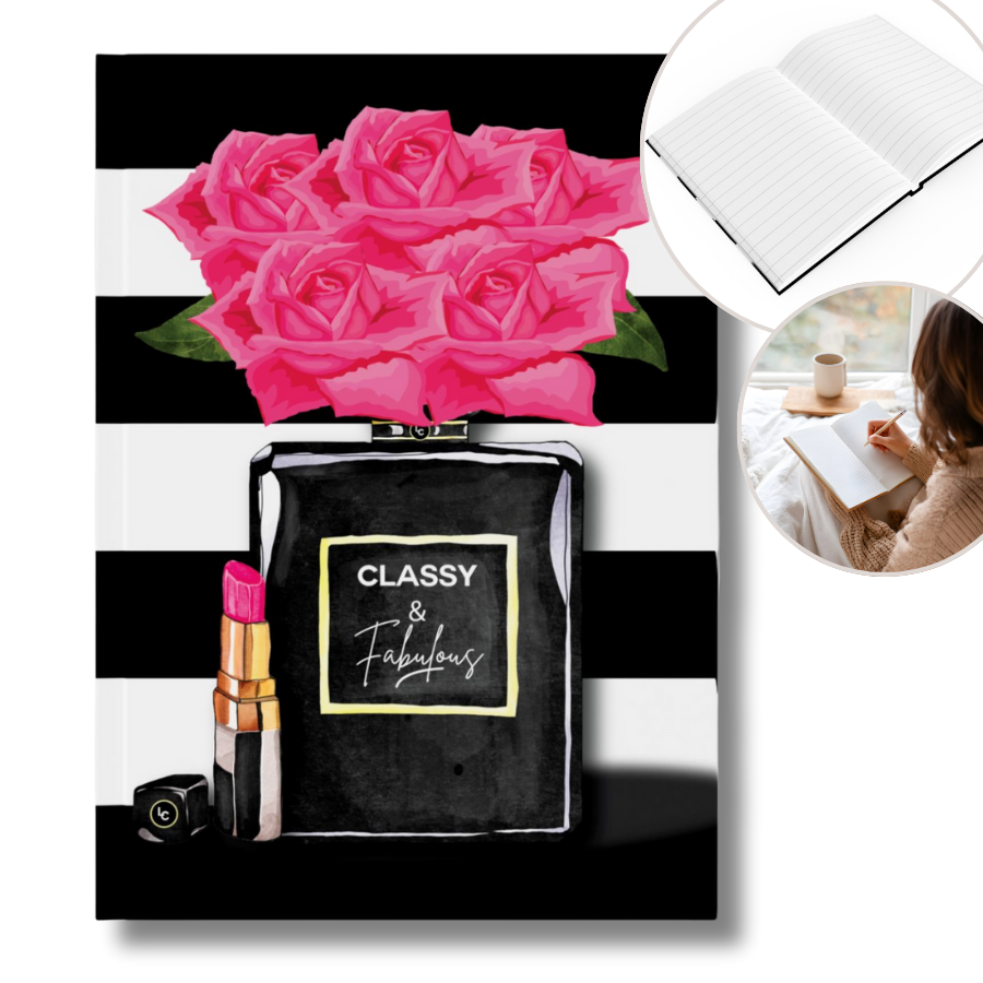 Lined Journal with Black perfume bottle with hot pink roses and lipstick, featuring 'Classy & Fabulous' text, on a black and white striped background.
