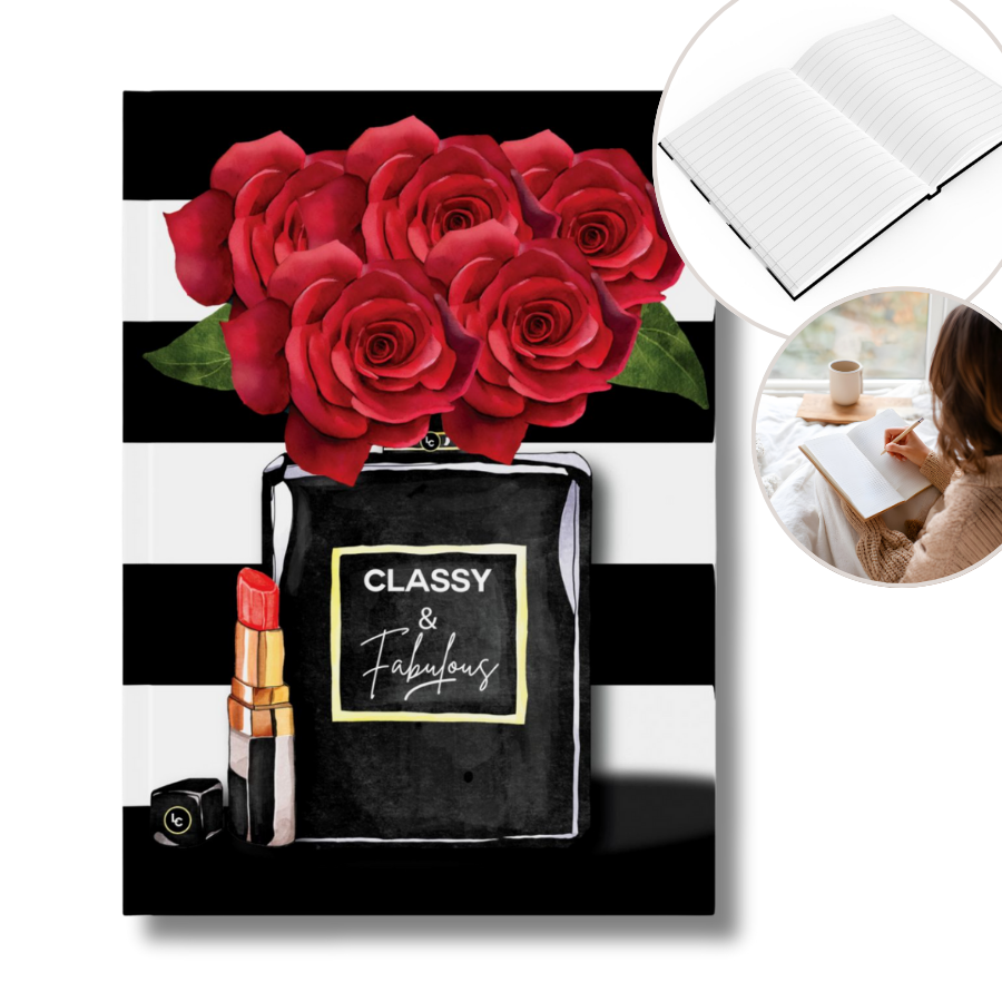 Lined Journal with Black perfume bottle with red roses and lipstick, featuring 'Classy & Fabulous' text, on a black and white striped background.