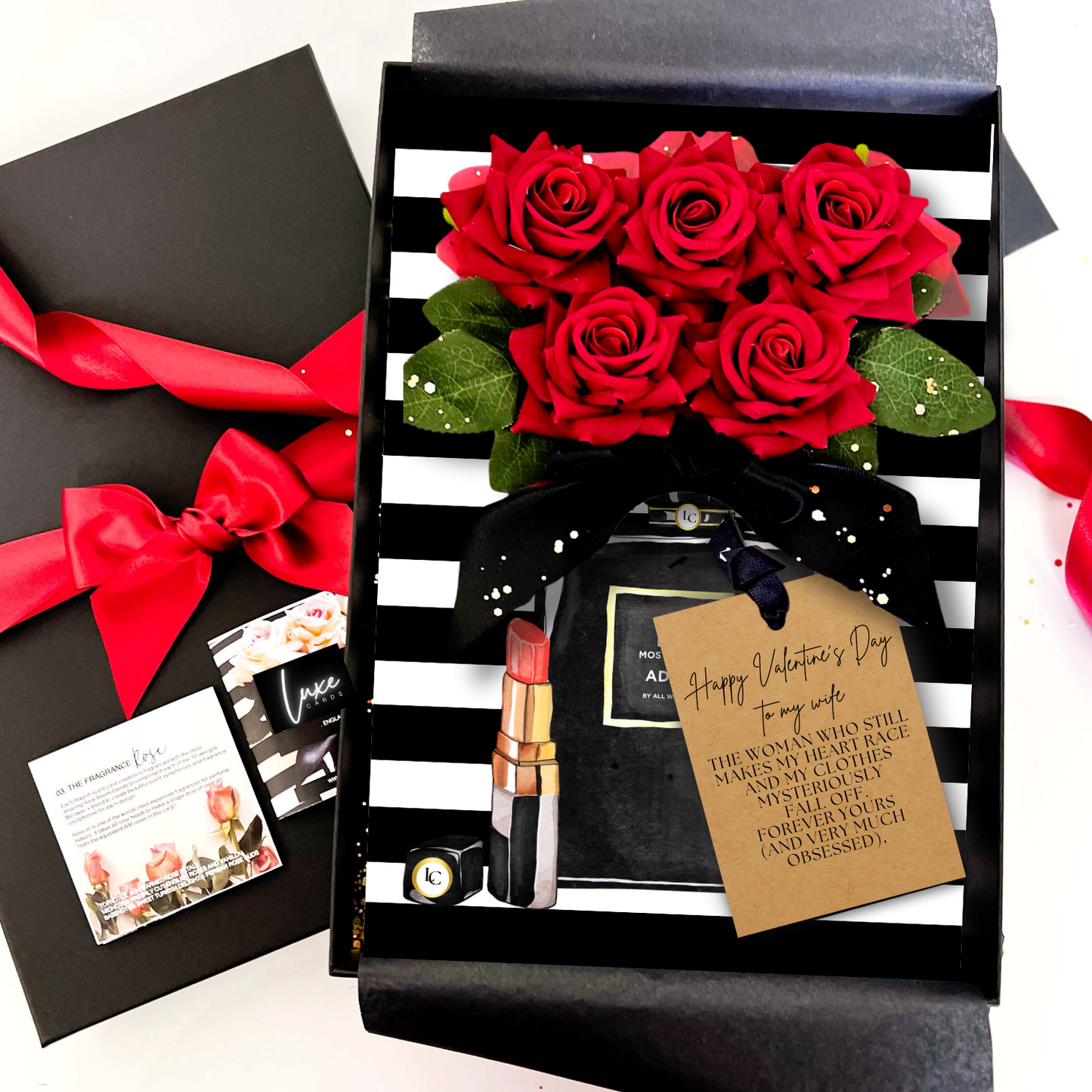 Wife Valentine's Day gift set with handmade velvet red roses that won't die, lipstick, and a Panache red card in a black box with red ribbon. Personalised and handmade for a special lady