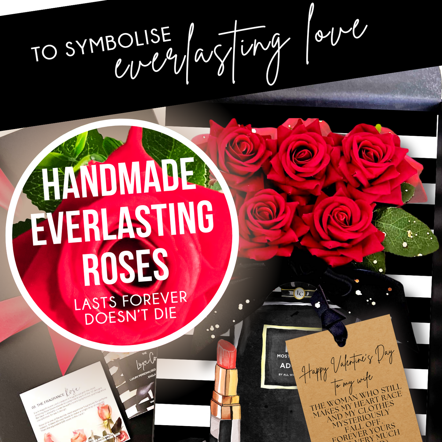 A Luxury Personalised Greetings Card in Gift Box with Bouquet of red roses handmade and scented in rose oil. On a black and white striped background, to symbolise everlasting love. The 5 handmade roses last forever and won't die perfect for romance, love, birthdays and valentines. 