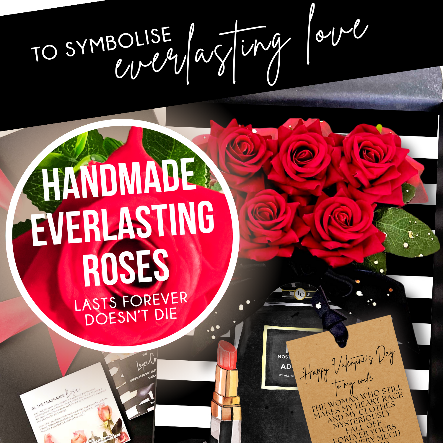 A Luxury Personalised Greetings Card in Gift Box with Bouquet of red roses handmade and scented in rose oil. On a black and white striped background, to symbolise everlasting love. The 5 handmade roses last forever and won't die perfect for romance, love, birthdays and valentines. 