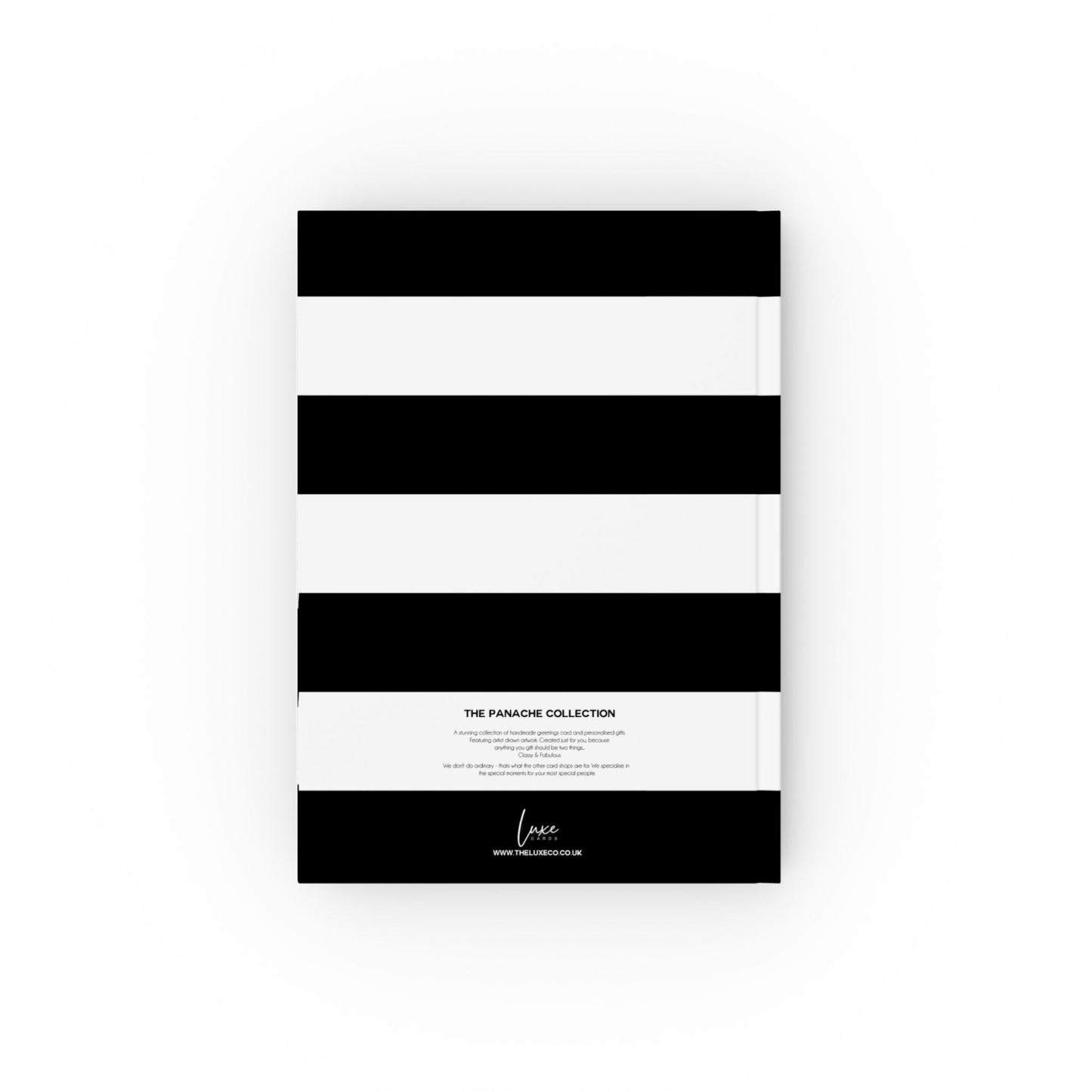 Black and white monochrome striped product packaging from 'The Panache Collection' Luxury journals made in UK