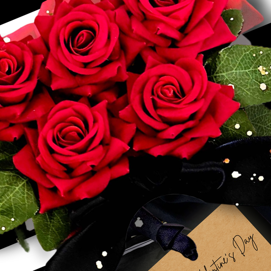 Close up of the beautiful handmade velvet red roses Bouquet that won't die with a black bow. A 'Valentine's Day' card and gift in one to symbolise everlasting love