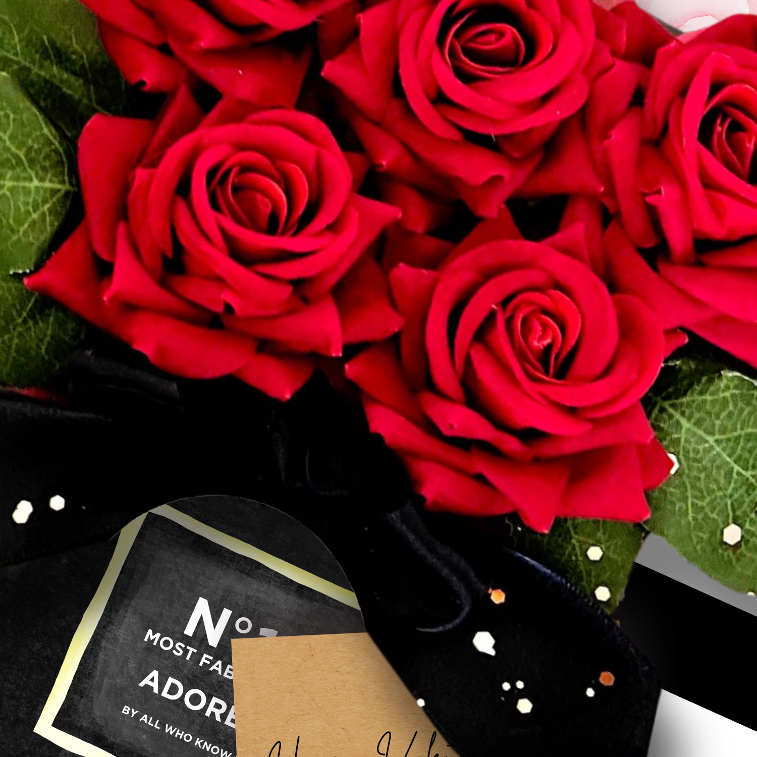 Handmade Red Roses Gift Bouquet with a black box labeled 'Most Fabulous' for romantic birthday gift idea or valentines.