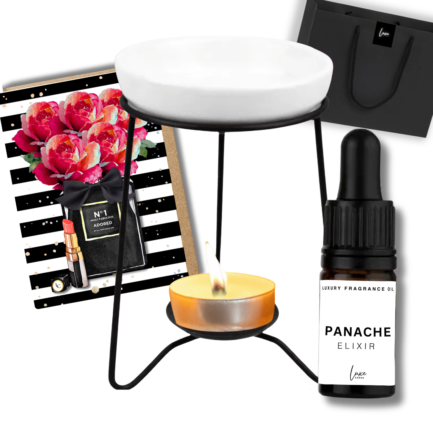 Home Fragrance Gift Set (incl. scented card, elixir & oil burner in gift bag)