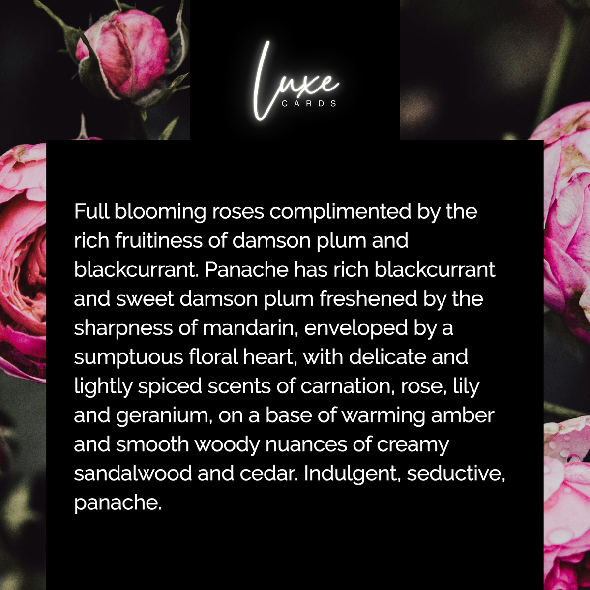 The Panache Luxury Cards Collection A stylish range of handmade luxury personalised greetings cards and fragrance gifts for birthdays and celebrations fragranced with damson & rose by Luxe Cards & Gifts.