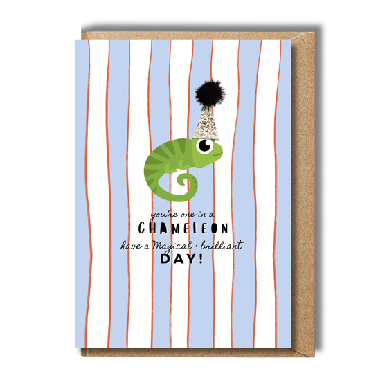 Pink Lemonade + Party Hats One in a Chameleon Birthday Card Big A5