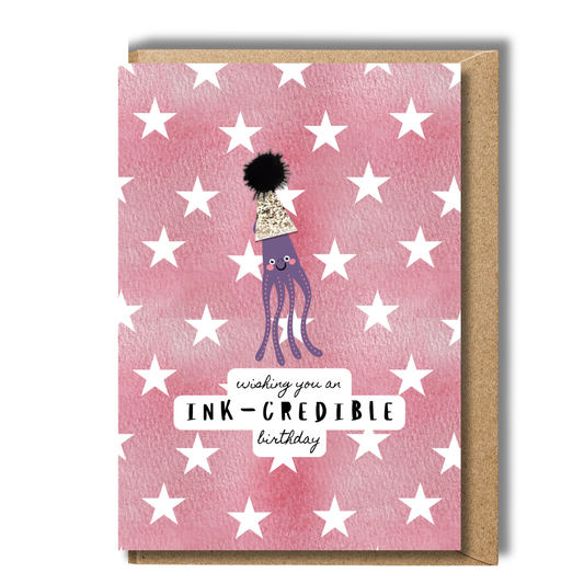 Pink Lemonade + Party Hats Squid Birthday Card Big A5