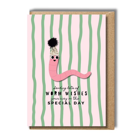 Pink Lemonade + Party Hats Worm Wishes Birthday Card A5
