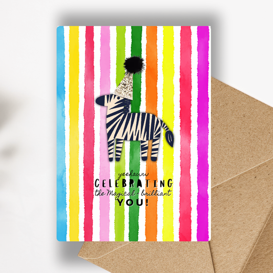 Yeehaw Zebra Greeting card with a zebra illustration on a colorful rainbow striped background handmade with pom pom party hat!