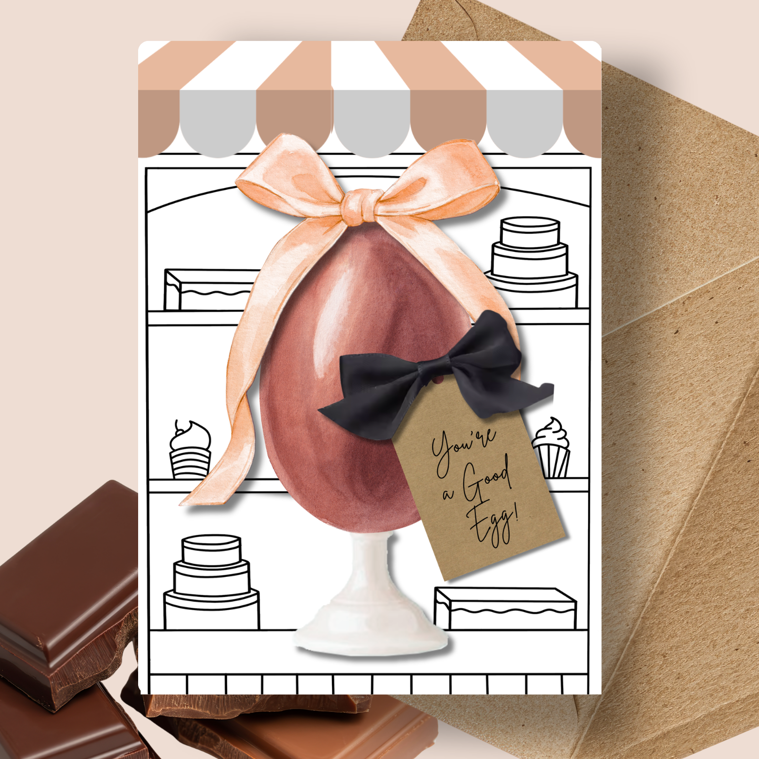 Peach Handmade Personalised A5 Easter Card- Greeting card with chocolate egg and decorative bow, featuring a tag with text, on a striped background.