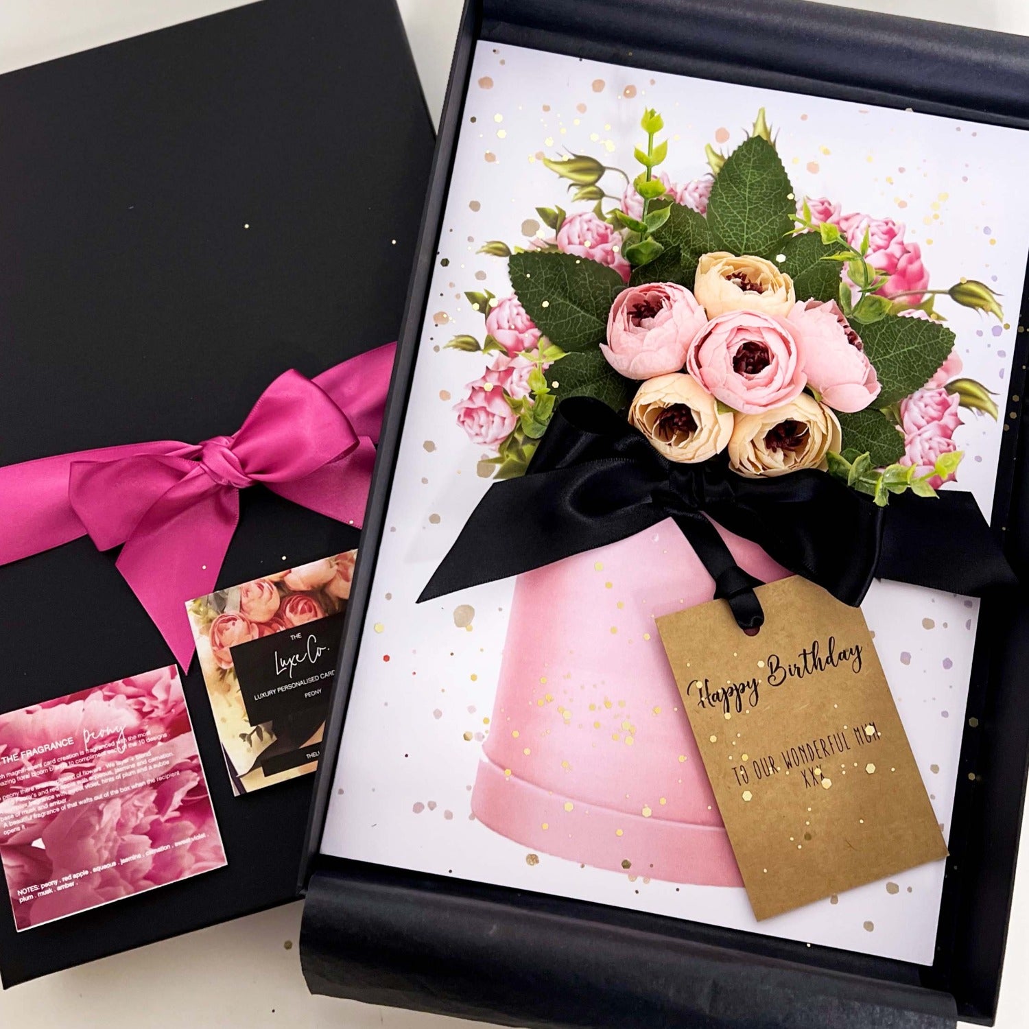 Bloom Peony Scented Card in black box with pink ribbon
