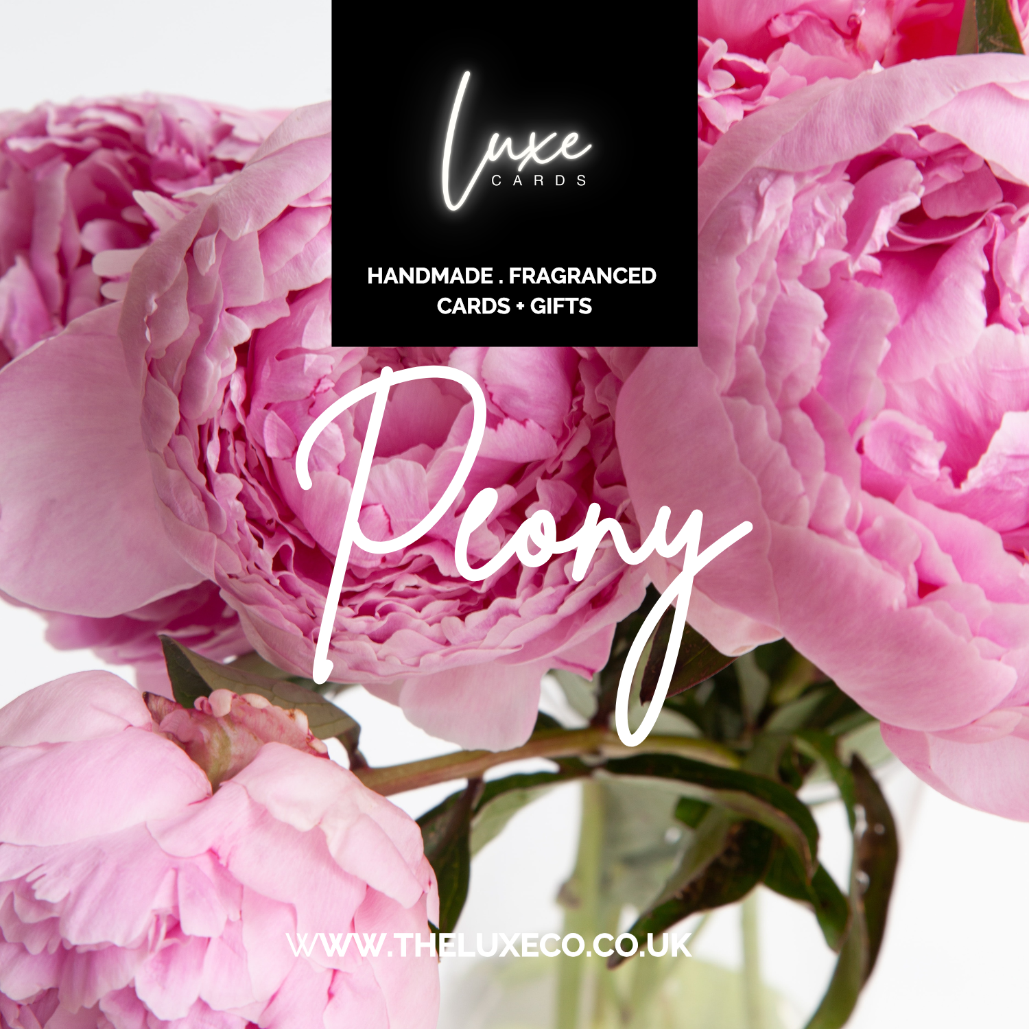Luxury peony fragranced handmade cards & gifts scented with Pink Peonies by Luxe Cards UK