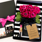 Luxury Pink Rose Gift Boxed Card set with pink roses, lipstick, and a card in a black and white striped box. Fully personalised so you can say what you feel.