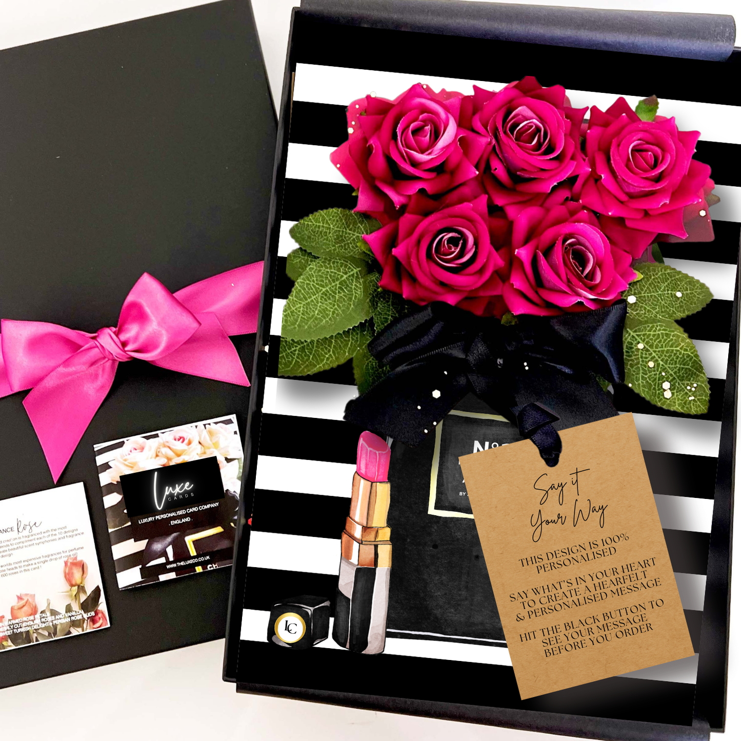 Luxury Pink Rose Gift Boxed Card set with pink roses, lipstick, and a card in a black and white striped box. Fully personalised so you can say what you feel.