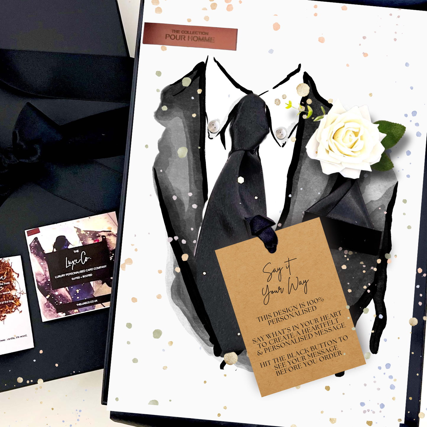 SUITED + BOOTED Pour Homme Suit, Tie + Buttoniere Card Design
