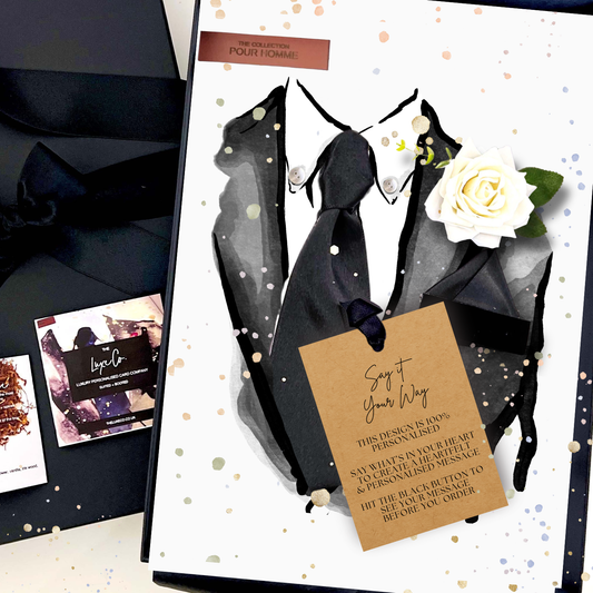 SUITED + BOOTED Pour Homme Suit, Tie + Buttoniere Card Design