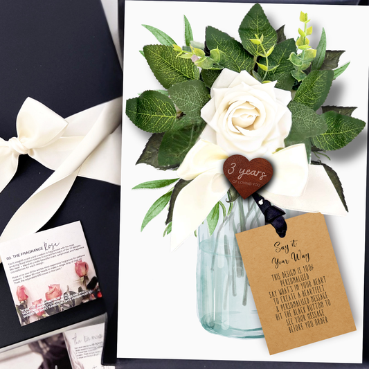 Handmade 3rd Leather Anniversary Card with Ivory Everlasting Rose & Real Leather