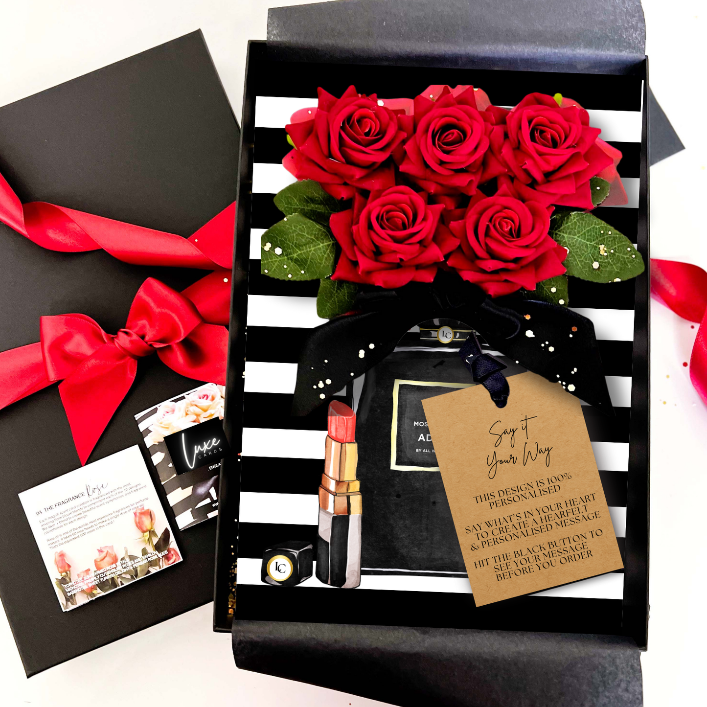 Luxury Personalised Handmade Red Rose Card in Gift Box - The Panache Red Rose Gift boxed greetings is a romantic card and gift in one! Handcrafted with 5 everlasting red roses scented in rose perfume, and painted in lipstick, and perfume bottle painting in a black and white striped printed card. Perfect for valentines, love, birthdays...