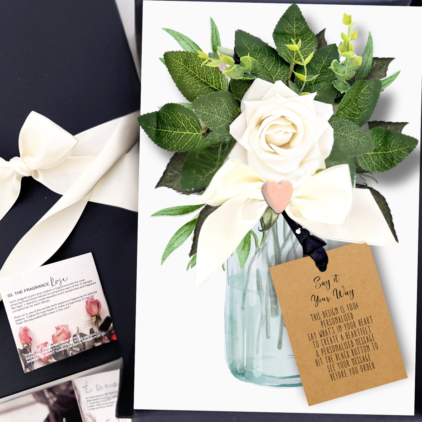 Tarjeta de primer aniversario de rosa de terciopelo marfil hecha a mano