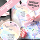 A personalized unicorn birthday gift box set featuring a pastel unicorn-themed card, a pink satin bow, a pink rose, and a round tag with custom text. Handmade & Fragranced with Unicorn Farts
