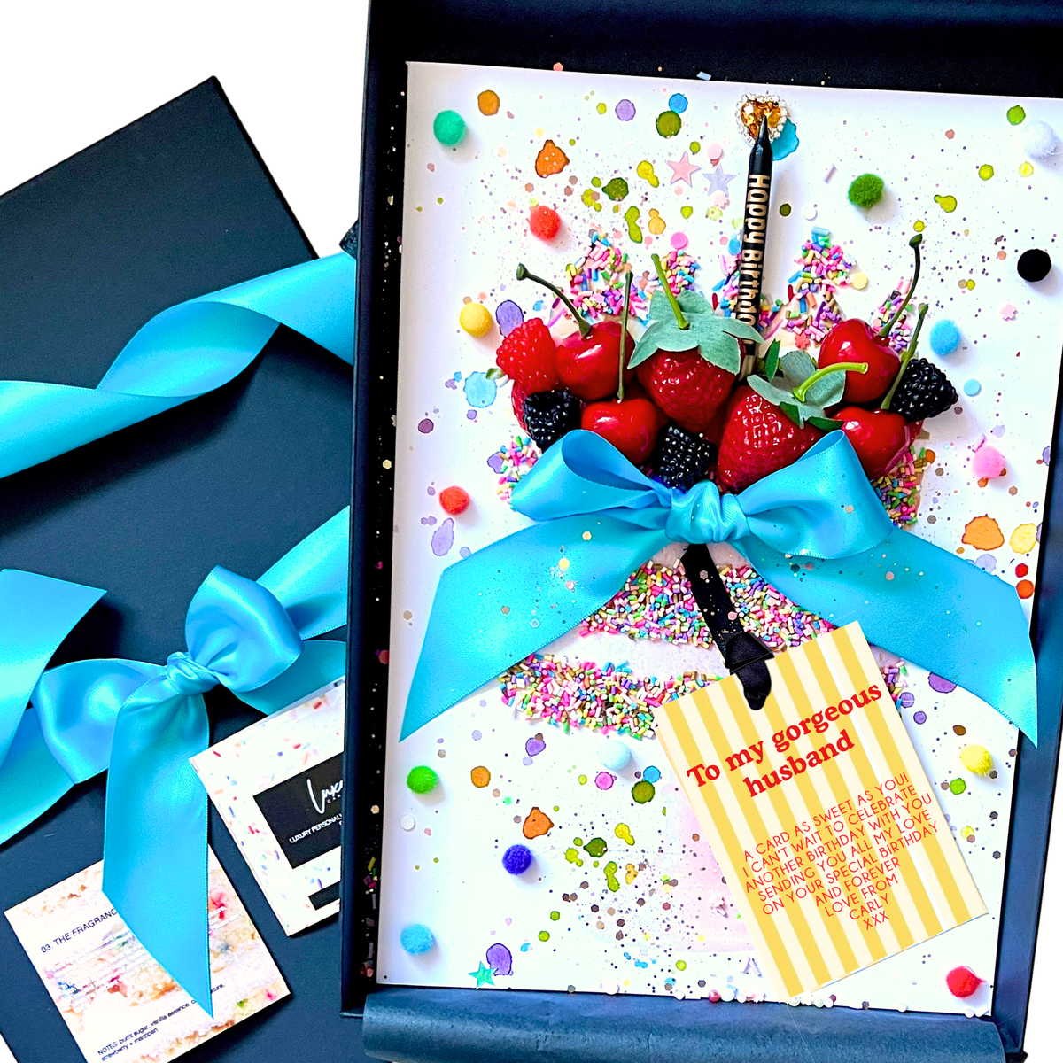 To a Gorgeous Husband Luxury birthday card handmade with cake design and smells of cake mixture - by personalised greetings designers in England by Luxe Cards