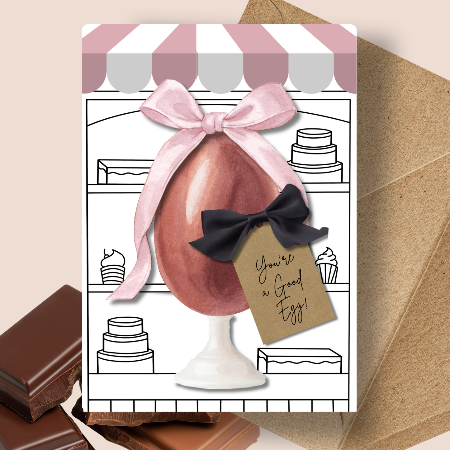 Pink Good Egg Chocolate Enveloped Easter Cards A5 - Greeting card with chocolate egg and decorative bow on a cake shop background