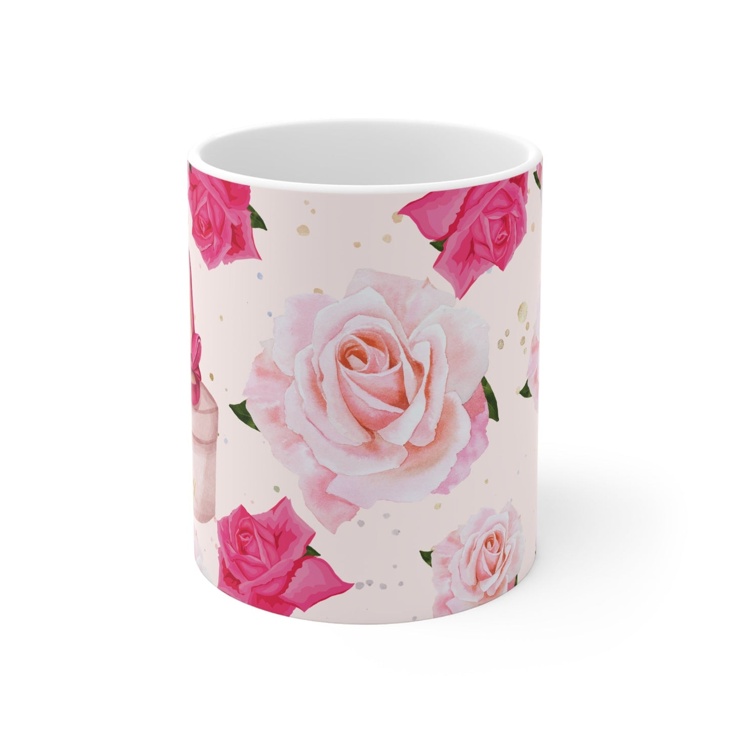 Mug with pink rose pattern on a white background