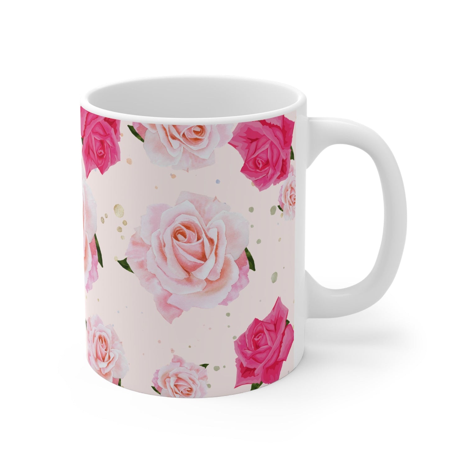 White mug with pink and red rose pattern on a white background
