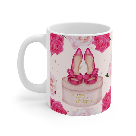 Mug with pink high heels and roses design on a white background