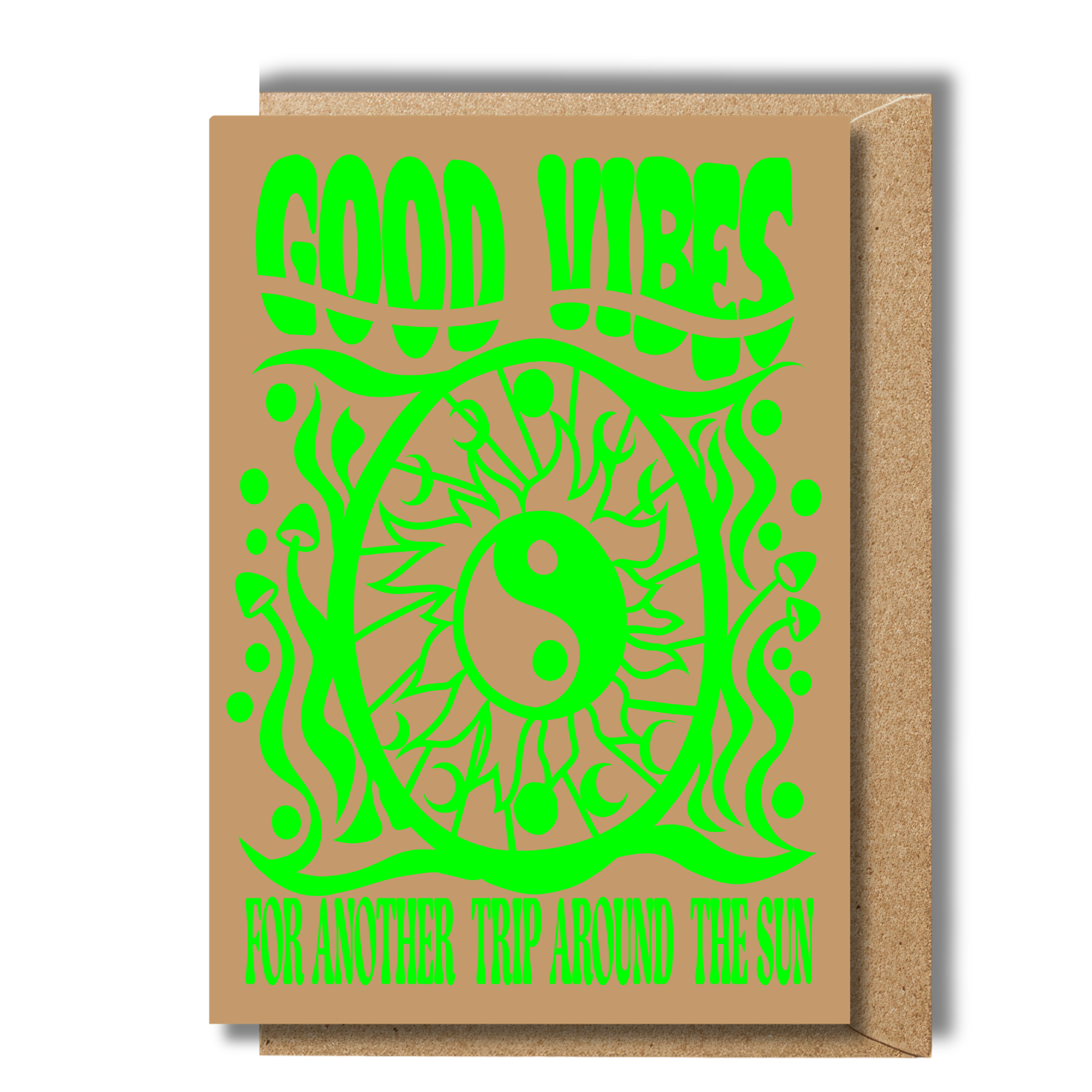 Flat lay of positive energy birthday card featuring psychedelic mushrooms, yin yang symbol and cosmic good vibes artwork.