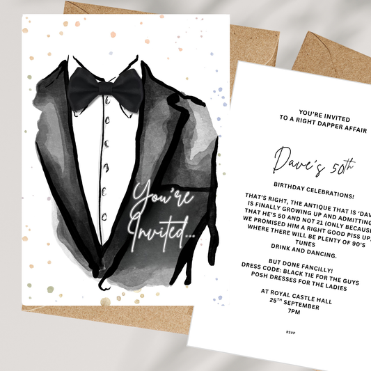 Set of 10 Personalised Handmade Suit Invitations for Bar Mitzvah, His Birthday, Mans Retirement Party
