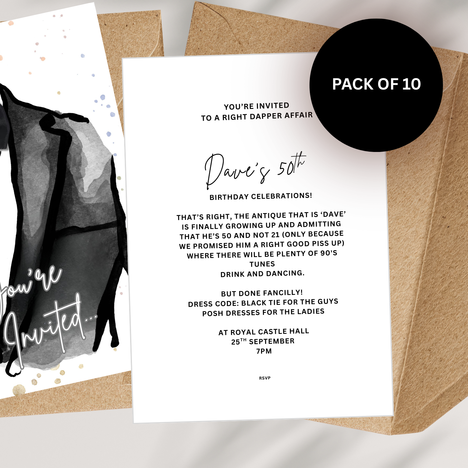 Pack of 10 birthday invitations with a black envelope on a white background personalised for 50th birthday  Celebrations