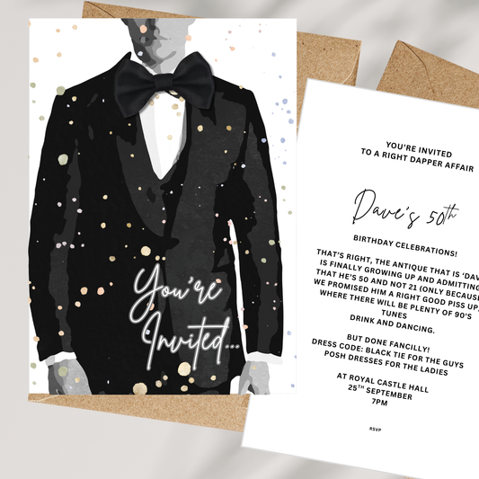 Set of Handmade Personalised Printed 10 Tux Birthday Invitation cards with tuxedo illustration and text on a white background handcrafted with satin bow tie fragranced with cologne