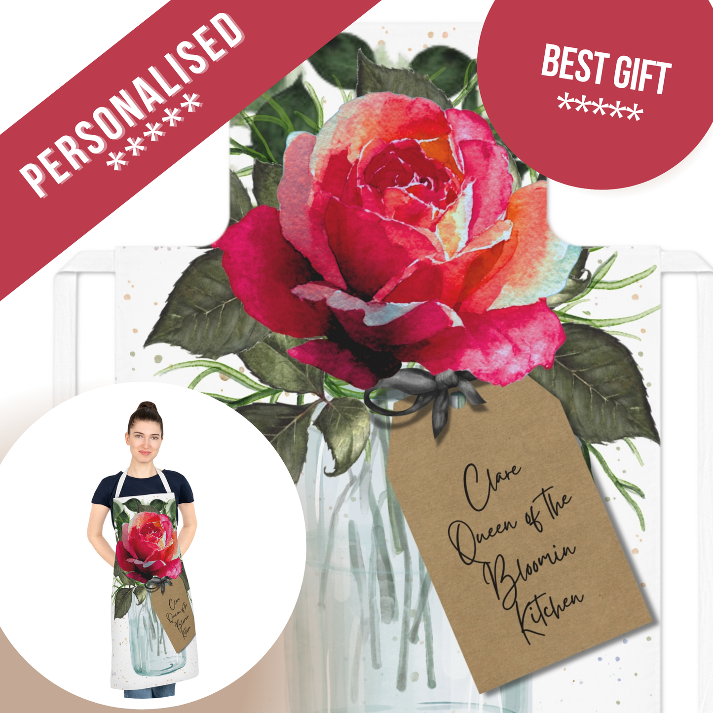Personalised Bloom Red Rose Apron