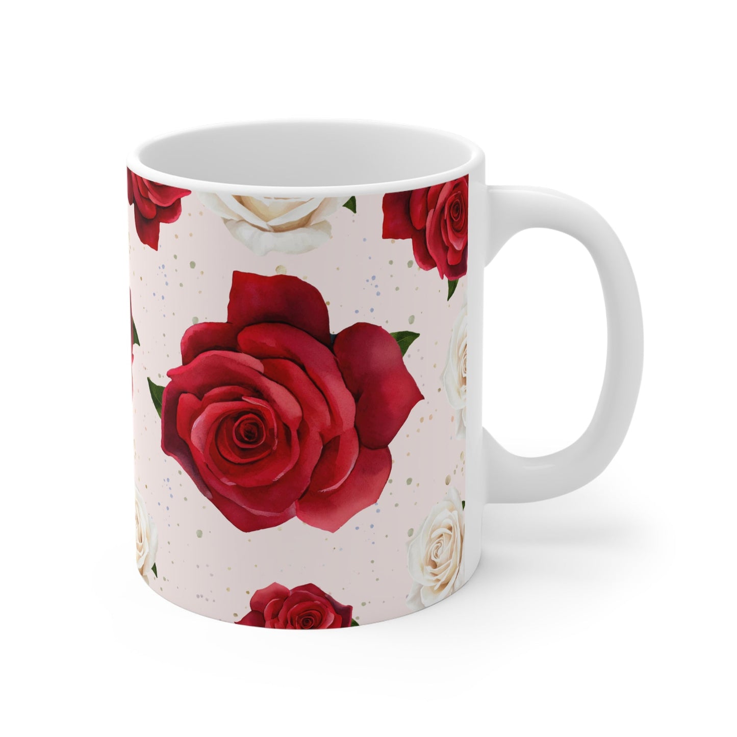 White mug with red rose pattern on a white background