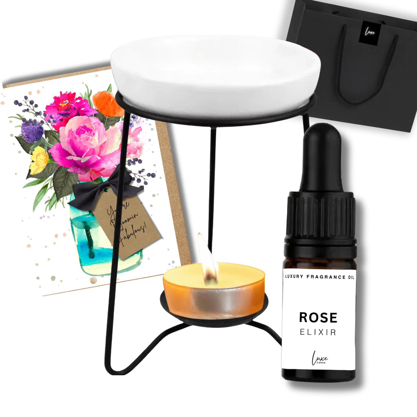Home Fragrance Gift Set (incl. scented card, elixir & oil burner in gift bag)
