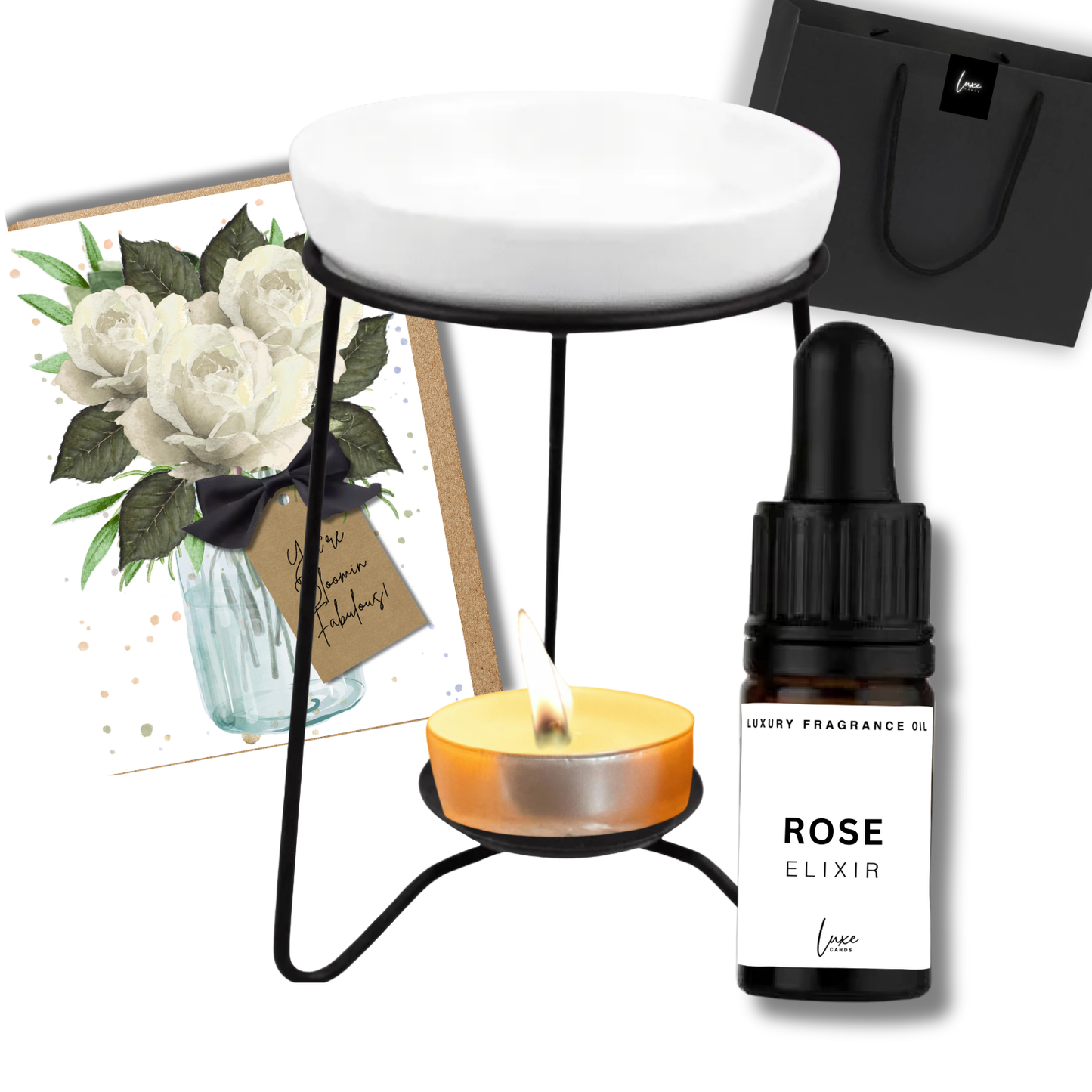Home Fragrance Gift Set (incl. scented card, elixir & oil burner in gift bag)