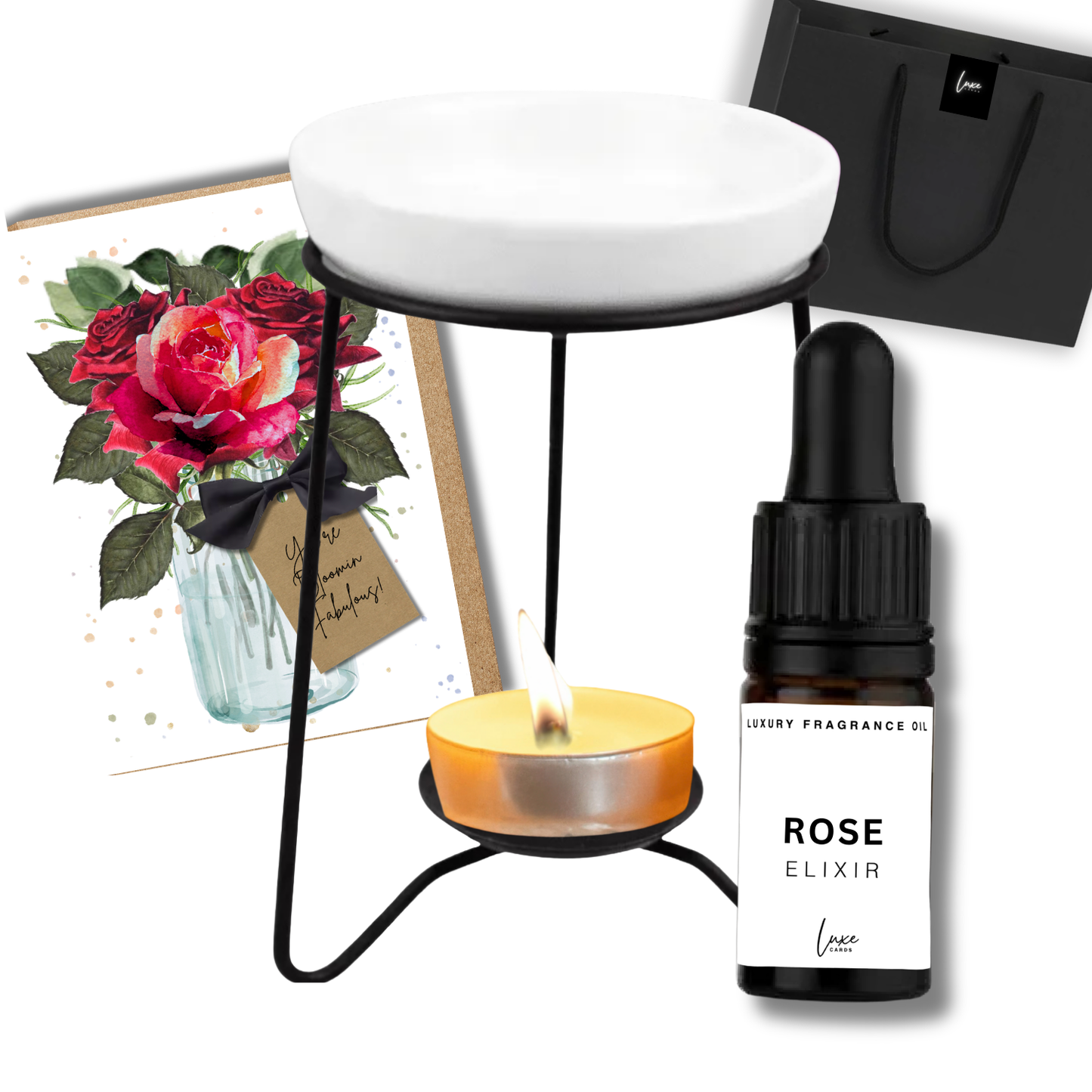 Home Fragrance Gift Set (incl. scented card, elixir & oil burner in gift bag)